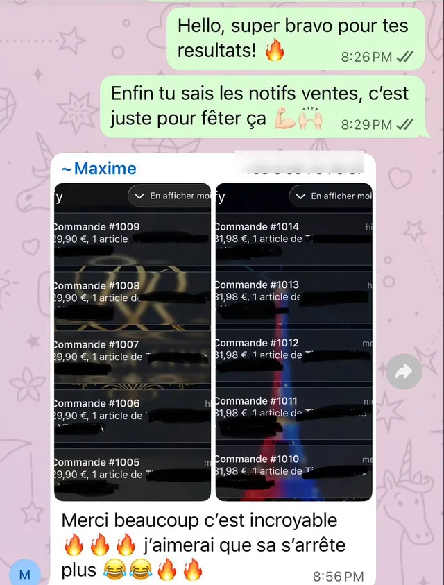 Notifications Shopify de dix commandes envoyées par un élève, avec son message « j'aimerais que ça s'arrête plus »