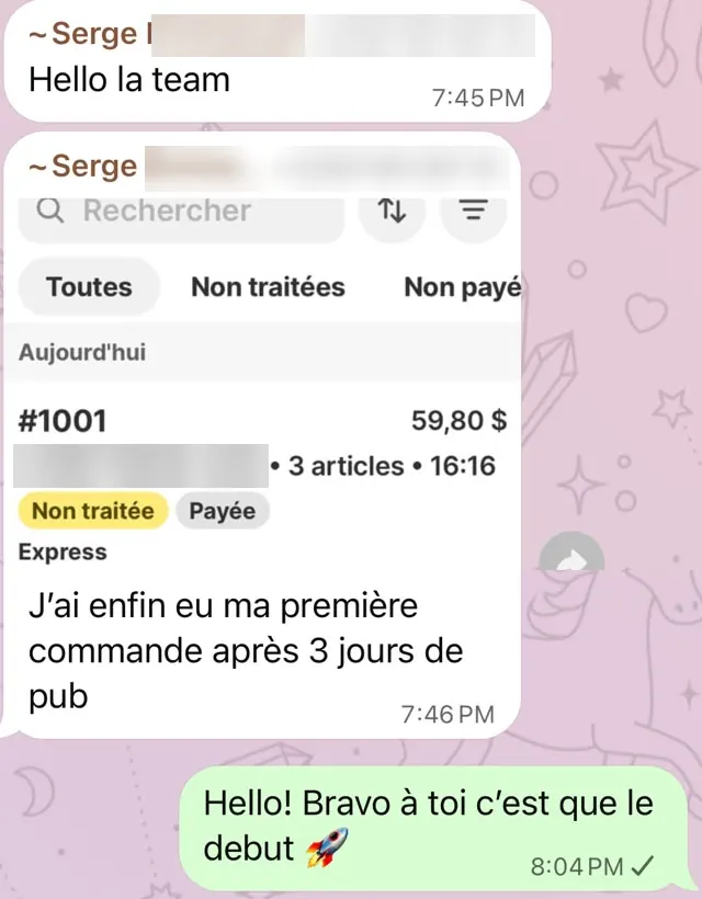 Première commande d'un élève après 3 jours de publicité
